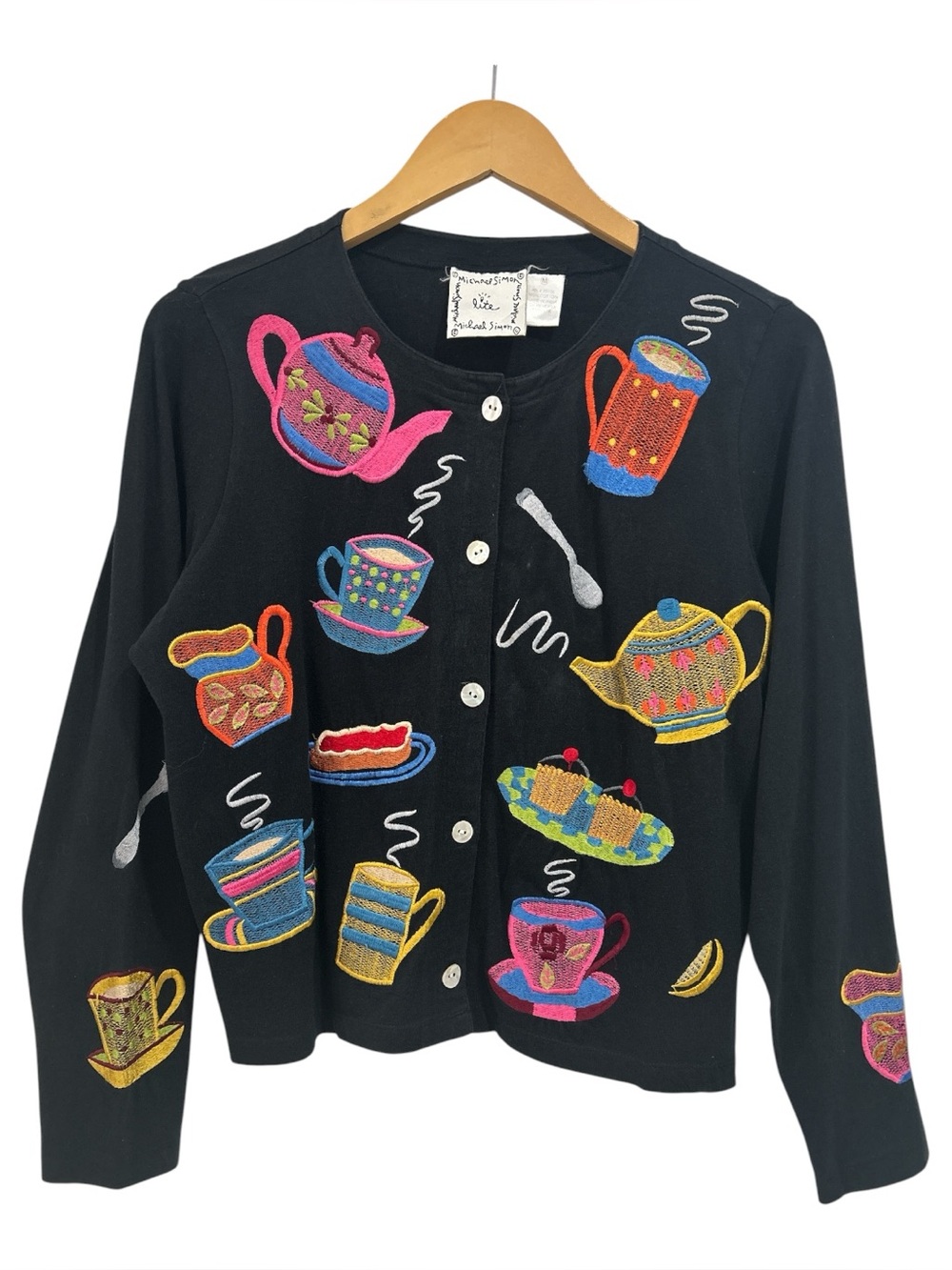 Michael Simon Lite Vintage Tea Time Embroidered Black Cottagecore Cardigan - M